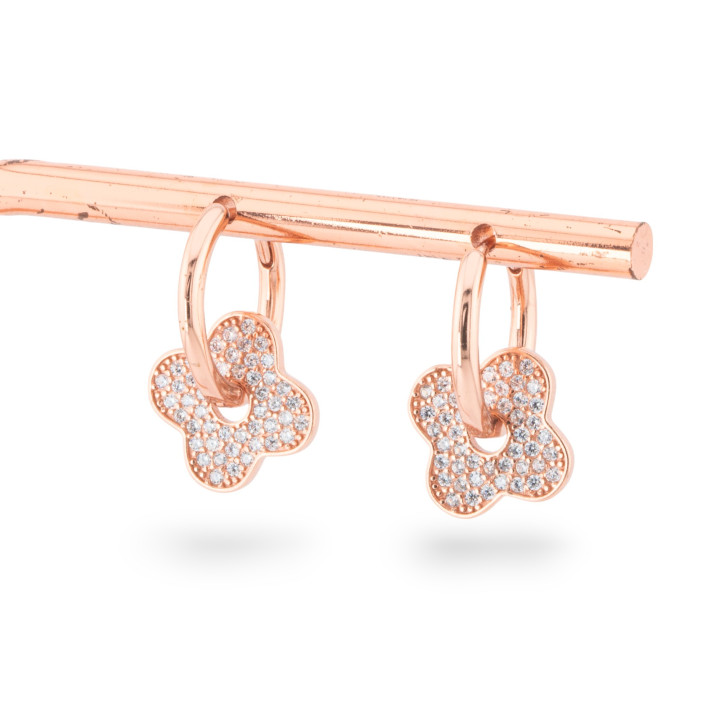 Boucles d'oreilles fermées en argent 925, trèfle à quatre feuilles, cercle avec zircons, 15x20mm, or rose