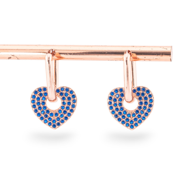 Boucles D'Oreilles Fermées En Argent 925 Avec Micropave' Zircons Avec Coeur 12x20mm 2 Paires Or Rose Bleu