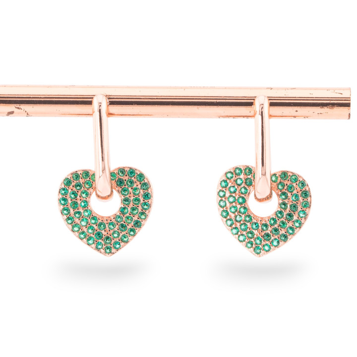 Closed Stud Earrings Of 925 Silver With Micropave' Zircons With Heart 12x20mm 2 Pairs Rose Gold Green
