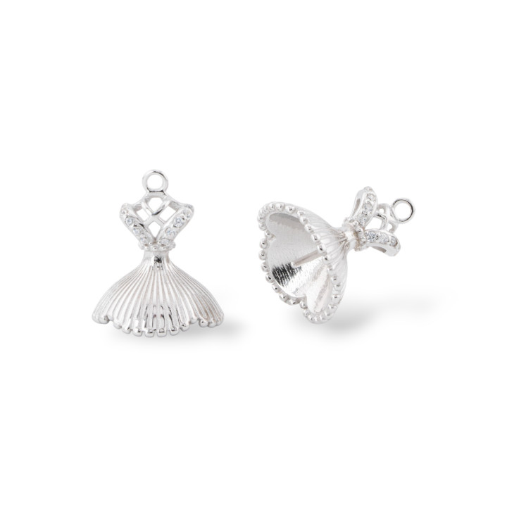 Base Per Pendente Di Argento 925 Con Zirconi E Coppetta 13x15mm 3pz Rodiato