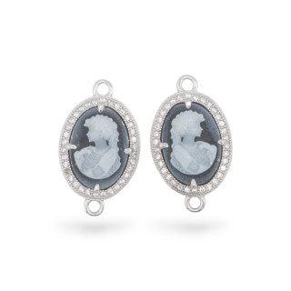Composant de connecteur en argent 925, camée d'agate naturelle gravée à la main, fabriquée en italie, 14x18mm, 2 pièces, noir MO