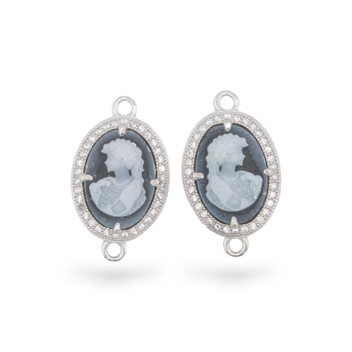 925 Silver Connector Component Χαραγμένο στο χέρι Cameo Natural Agate MADE IN ITALY 14x18mm 2τμχ Μαύρο MOD6