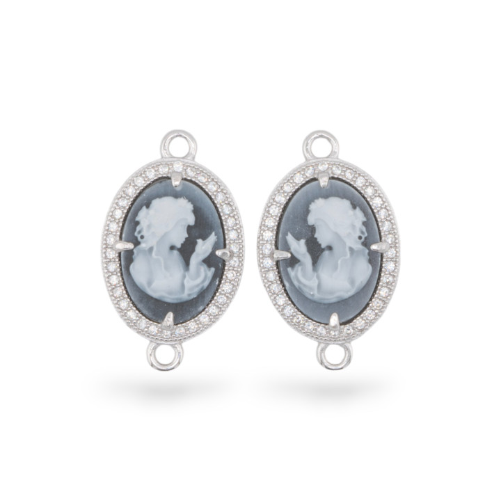 925 Silver Connector Component Χαραγμένο στο χέρι Cameo Natural Agate MADE IN ITALY 14x18mm 2τμχ Μαύρο MOD8