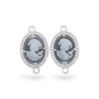 Componente Connettore Di Argento 925 Cammeo Di Agata Naturale Inciso A Mano MADE IN ITALY 14x18mm 2pz Nero MOD9