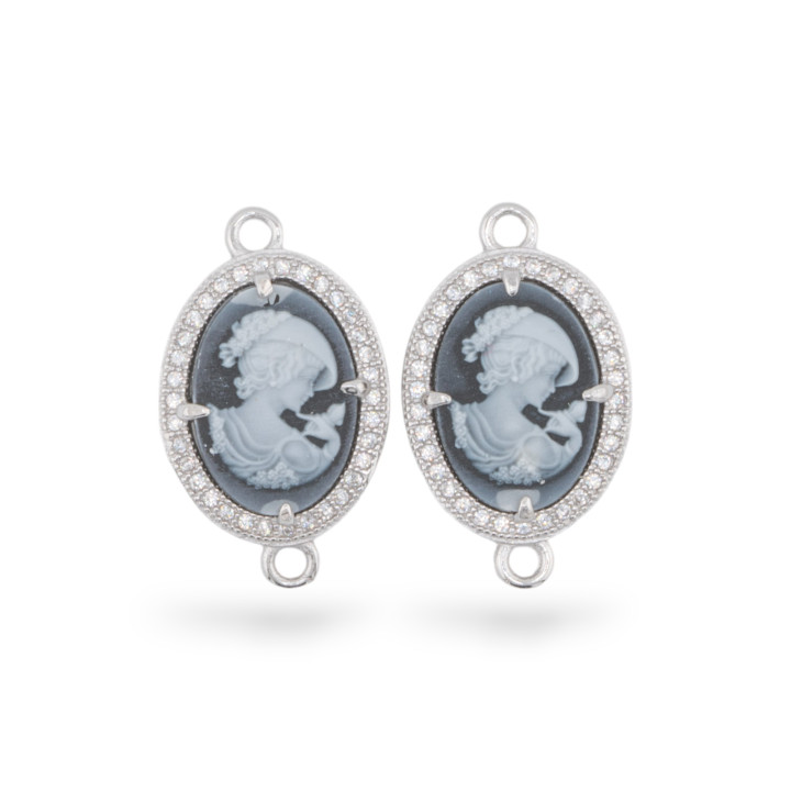 Componente Connettore Di Argento 925 Cammeo Di Agata Naturale Inciso A Mano MADE IN ITALY 14x18mm 2pz Nero MOD9