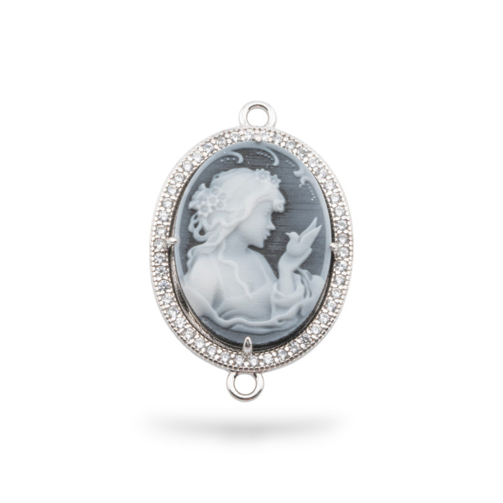 925 Silver Connector Component Natural Agate Cameo Hand Engraved MADE IN ITALY 20x25mm 1pc Black MOD17
