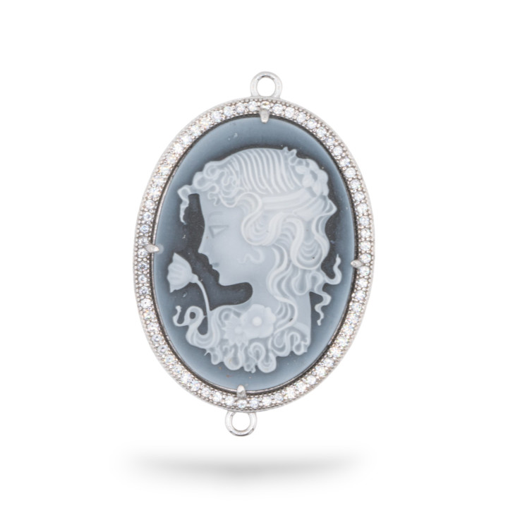 Componente de conector de camafeo de ágata natural de plata 925 grabado a mano HECHO EN ITALIA Oval 26x34 mm 1 pieza Negro MOD2