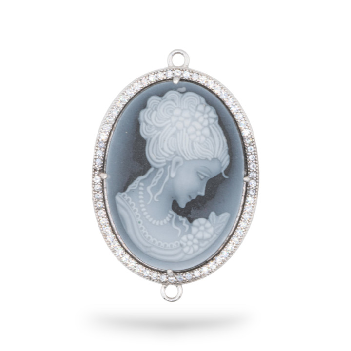 Εξάρτημα σύνδεσης από 925 Silver Natural Agate Cameo χαραγμένο στο χέρι MADE IN ITALY Oval 26x34mm 1pc Μαύρο MOD3