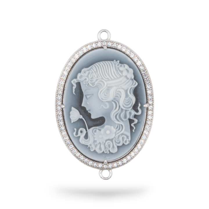 Verbindungselement aus 925er Silber, natürlicher Achat-Kamee, handgraviert, HERGESTELLT IN ITALIEN, oval, 26 x 34 mm, 1 Stück, S