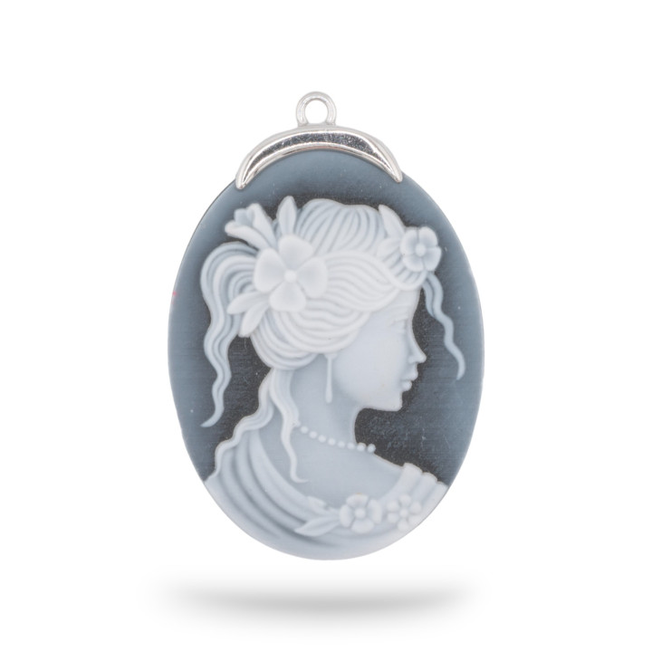 Composant de connecteur en argent 925, agate naturelle, camée gravé à la main, fabriqué en italie, ovale 27x37mm, 1pc noir MOD8