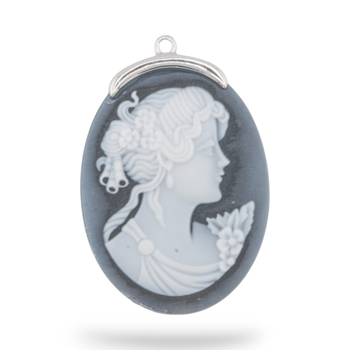 Εξάρτημα σύνδεσης από 925 Silver Natural Agate Cameo χαραγμένο στο χέρι MADE IN ITALY Oval 30x42mm 1pc Μαύρο MOD3
