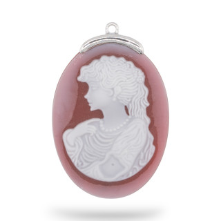 Verbindungskomponente aus 925er Silber, natürlicher Achat-Kamee, handgraviert, HERGESTELLT IN ITALIEN, oval, 30 x 42 mm, 1 Stück