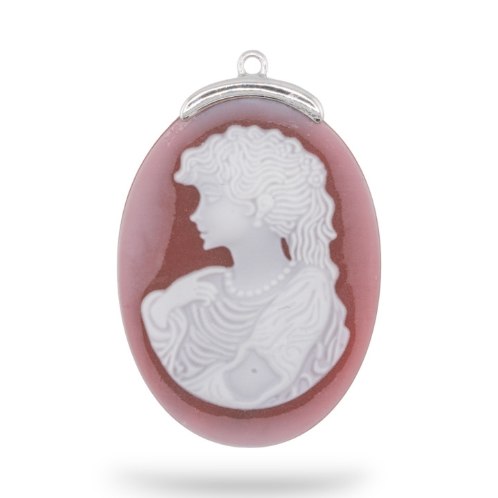 925 Silver Connector Component Natural Agate Cameo Hand Engraved MADE IN ITALY Oval 30x42mm 1pc Red MOD8