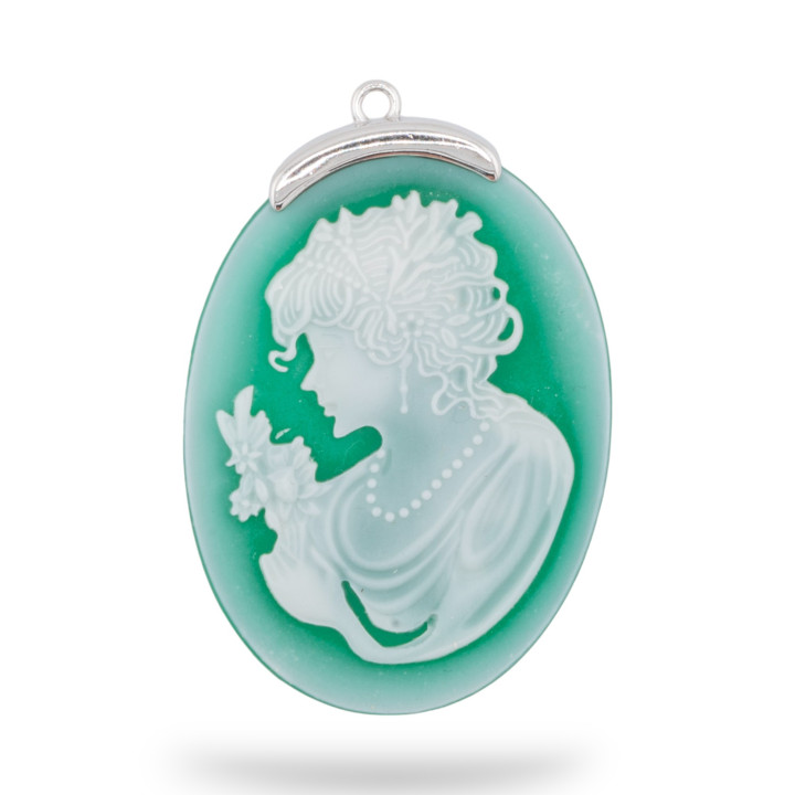 Εξάρτημα σύνδεσης από 925 Silver Natural Agate Cameo χαραγμένο στο χέρι MADE IN ITALY Oval 30x42mm 1pc Πράσινο MOD4