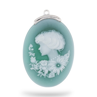 Εξάρτημα σύνδεσης από 925 Silver Natural Agate Cameo χαραγμένο στο χέρι MADE IN ITALY Oval 30x42mm 1pc Πράσινο MOD9