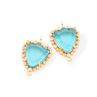 Bronze Connector Component With Faceted CZ Crystals 16x22mm 15pcs With 2 Aqua Gold Rings