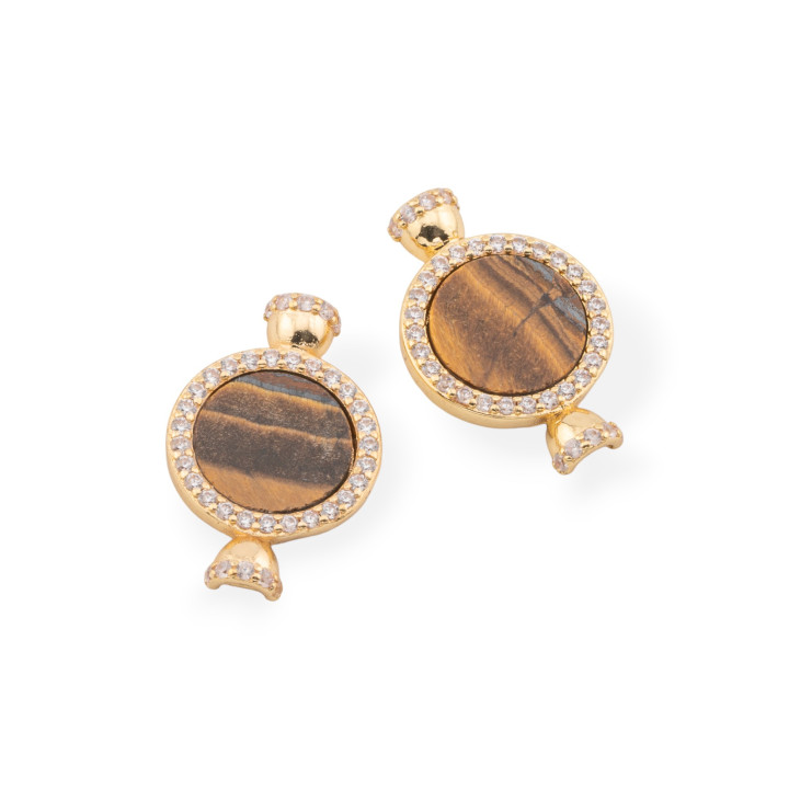 Connettore Componente Di Ottone Con Pietre Dure Incastonate Con Zirconi e Coppette 16x25mm 6pz Dorato Occhio Di Tigre