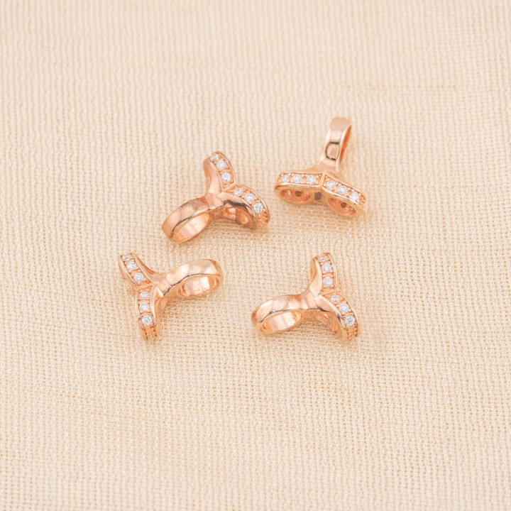 Coppette Di Argento 925 Con Zirconi E Doppio Aggancio 12x12mm Con Barretta 6mm 4pz Oro Rosa