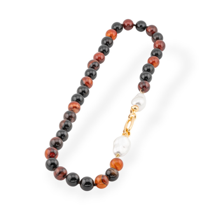 Collar De Piedras Semipreciosas Con Perlas Mallorquinas Y Bronce 12mm Longitud 55cm Ágata Marrón