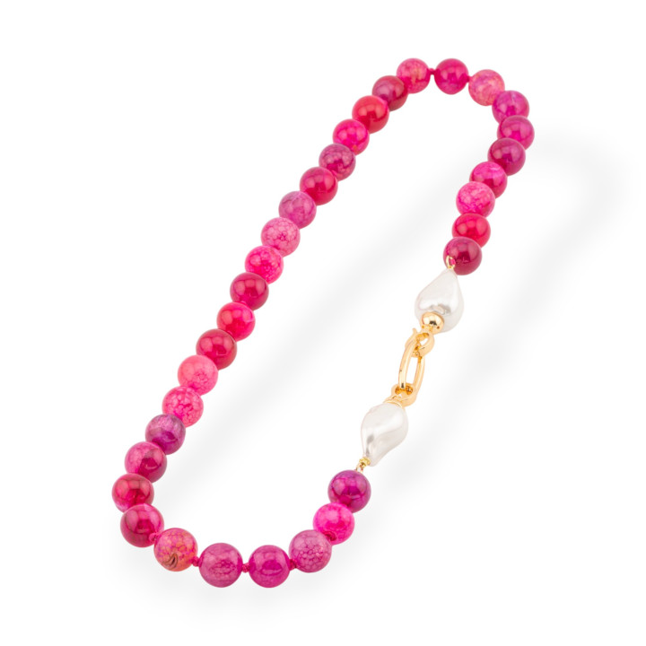 Necklace Of Hard Stones With Pearls Of Mallorca And Bronze 12mm Length 55cm Fuchsia Agate
