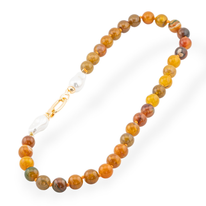 Collana Di Pietre Dure Con Perle Di Maiorca E Bronzo 12mm Lunghezza 55cm Agata MArrone