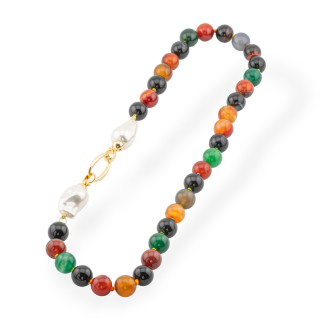 Collar de piedras semipreciosas con perlas mallorquinas y bronce 12mm largo 55cm Mix2