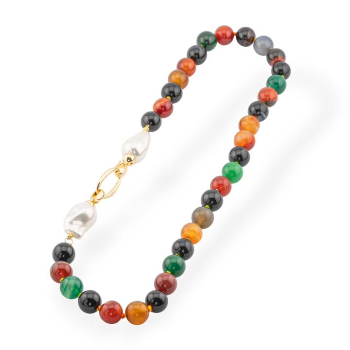 Collier en pierre semi-précieuse avec perles de Majorque et bronze 12 mm longueur 55 cm Mix2