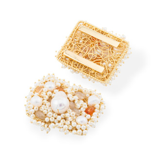 Componente Centrale Con Perline, Pietre Dure E Perle Di Fiume Ammagliato Su Filigrana 35x45mm Dorato Corniola