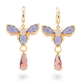 Orecchini Perno Di Bronzo Con Zirconi E Occhio Di Gatto Farfalla E Goccia Violetto