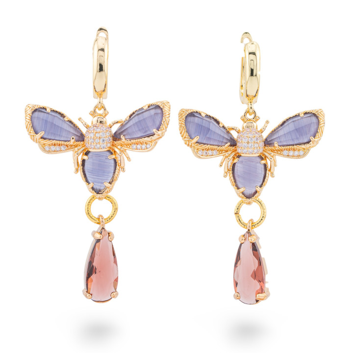 Bronze-Ohrstecker mit Zirkonen und Katzenaugen-Schmetterling und violettem Tropfen