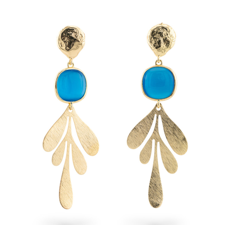 Boucles d'oreilles puces bronze avec cabochon oeil de chat 25x78mm doré bleu clair