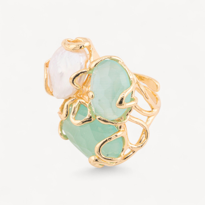 Anillo de Bronce Colección AURORA 32x36mm Con Ojo de Gato Tamaño Ajustable Con Perlas de Río Doradas Verde Agua