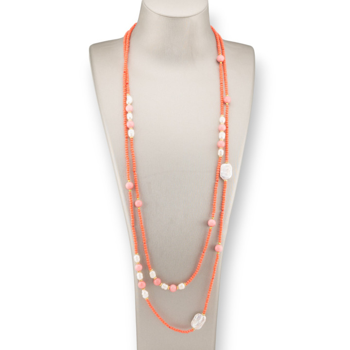Collana Bijoux Charlestone Di Cristalli CZ Con Pietre Dure E Perle Di Fiume Con Ematite 160cm MOD70 Arancio