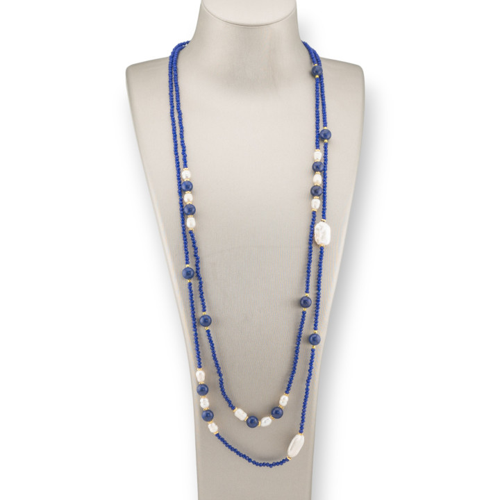 Collana Charlestone Di Cristalli CZ Con Pietre Dure E Perle Di Fiume Con Ematite 160cm Blu