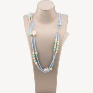 Collana Charlestone Di Cristalli CZ Con Pietre Dure E Perle Di Fiume Con Ematite 160cm Celeste