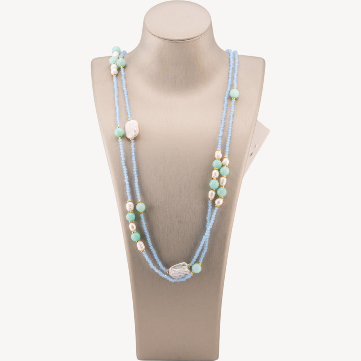 Collana Bijoux Charlestone Di Cristalli CZ Con Pietre Dure E Perle Di Fiume Con Ematite 160cm MOD70 Celeste