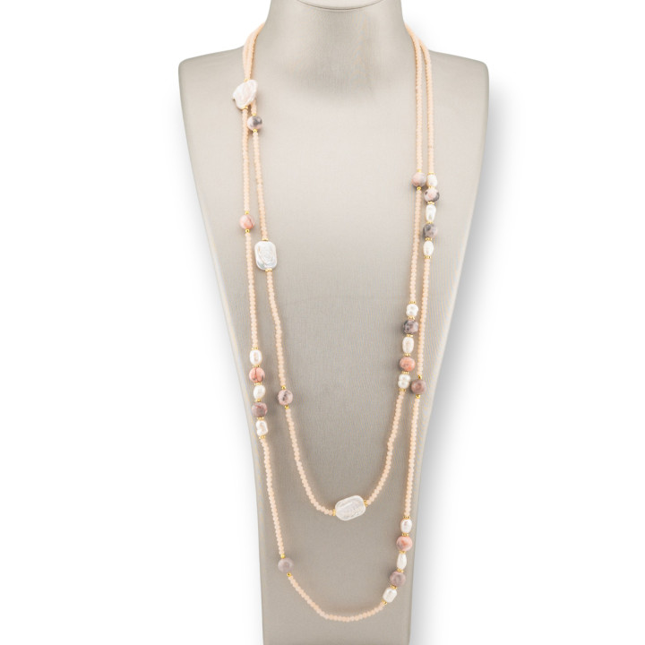 Collana Bijoux Charlestone Di Cristalli CZ Con Pietre Dure E Perle Di Fiume Con Ematite 160cm MOD70 Cipria