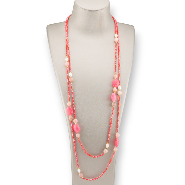 Collana Charlestone Di Cristalli CZ Con Pietre Dure E Perle Di Fiume Con Ematite 160cm Giada Rodocrosite