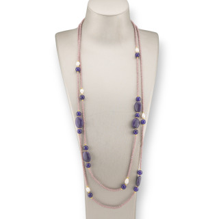 Collana Charlestone Di Cristalli CZ Con Pietre Dure E Perle Di Fiume Con Ematite 160cm Lilla Giada Viola
