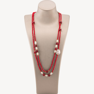 Collana Bijoux Charlestone Di Cristalli CZ Con Pietre Dure E Perle Di Fiume Con Ematite 160cm MOD70 Rosso