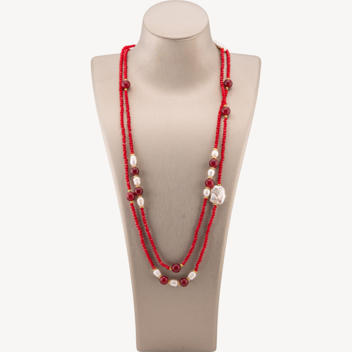 Collana Charlestone Di Cristalli CZ Con Pietre Dure E Perle Di Fiume Con Ematite 160cm Rosso
