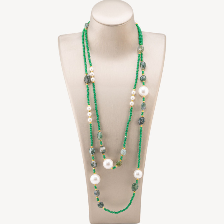 Collana Charlestone Di Cristalli CZ Con Pietre Dure E Perle Di Fiume Con Ematite 160cm Verde Prato