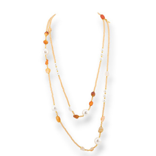 Collana Bijoux Charlestone Di Cristalli CZ Con Pietre Dure E Perle Di Maiorca Con Ematite 120cm Arancio Chiaro