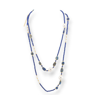 Collana Bijoux Charlestone Di Cristalli CZ Con Pietre Dure E Perle Di Maiorca Con Ematite 120cm Blu