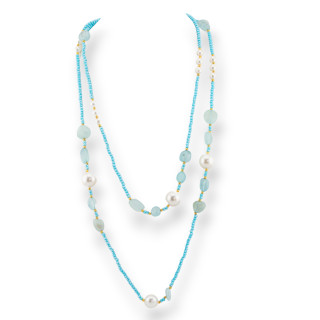 Collana Charlestone Di Cristalli CZ Con Pietre Dure E Perle Di Maiorca Con Ematite 120cm Celeste
