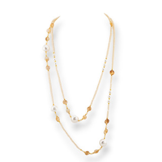 Collana Charlestone Di Cristalli CZ Con Pietre Dure E Perle Di Maiorca Con Ematite 120cm Champagne