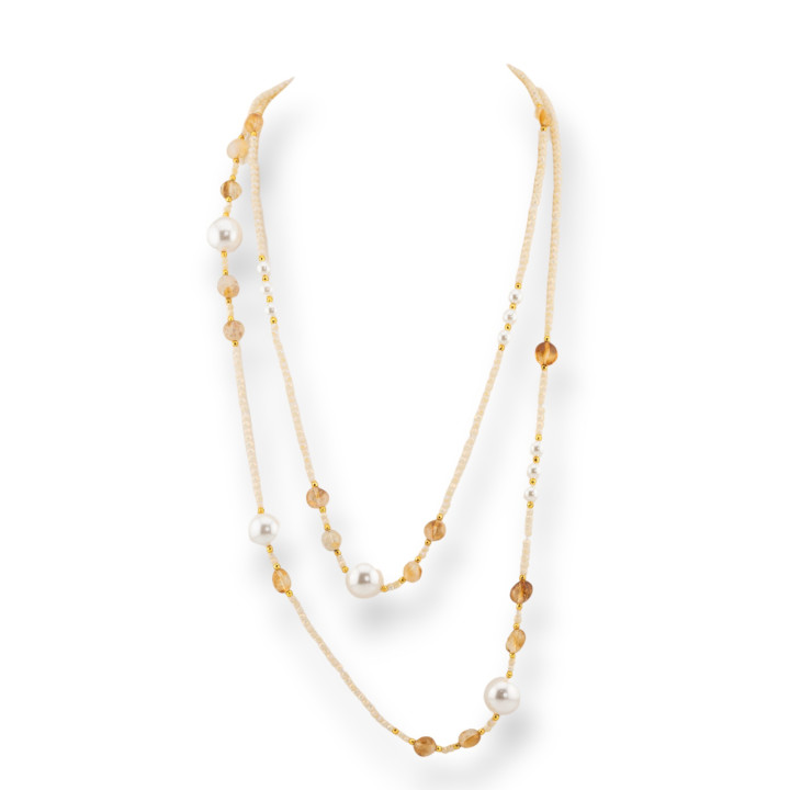 Collana Bijoux Charlestone Di Cristalli CZ Con Pietre Dure E Perle Di Maiorca Con Ematite 120cm Champagne