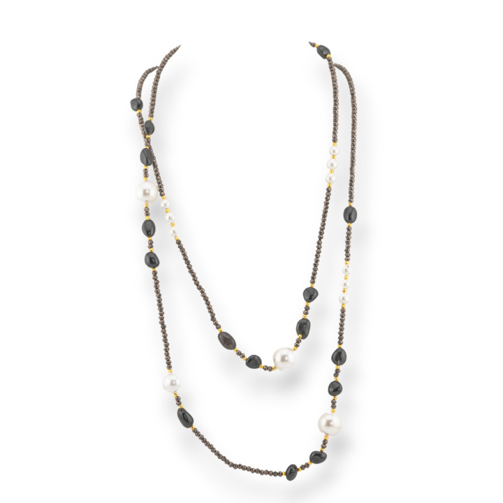 Collana Bijoux Charlestone Di Cristalli CZ Con Pietre Dure E Perle Di Maiorca Con Ematite 120cm Nero