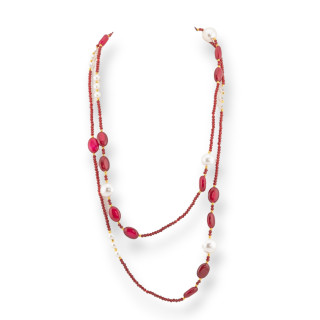 Collana Bijoux Charlestone Di Cristalli CZ Con Pietre Dure E Perle Di Maiorca Con Ematite 120cm Rosso