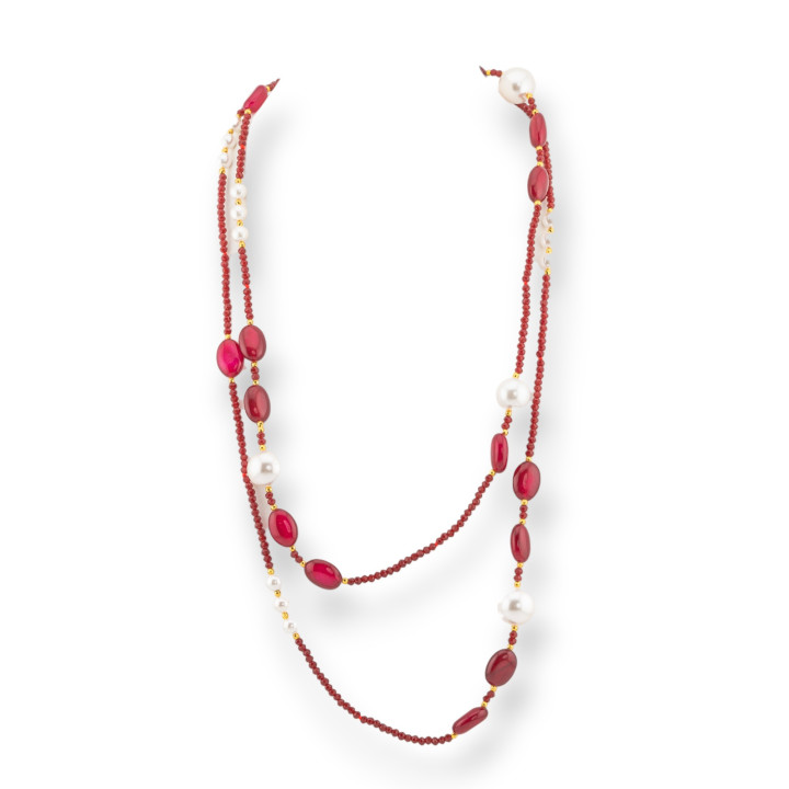 Collana Charlestone Di Cristalli CZ Con Pietre Dure E Perle Di Maiorca Con Ematite 120cm Rosso